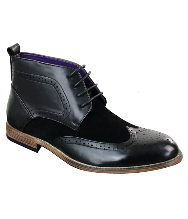 Mens Black Leather Suede PU Brogues Smart Casual Boots Ankle Shoes Lace