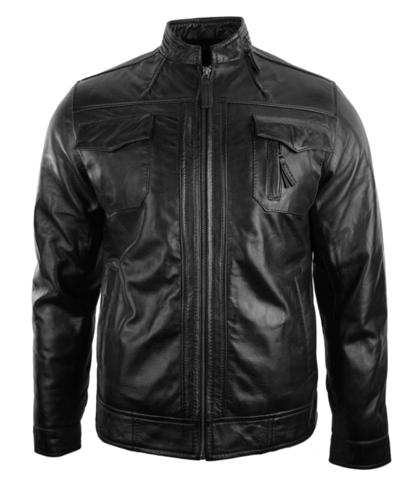 Real Leather Jacket Biker Style Vintage Black Zipped Design Casual Fitted for Men