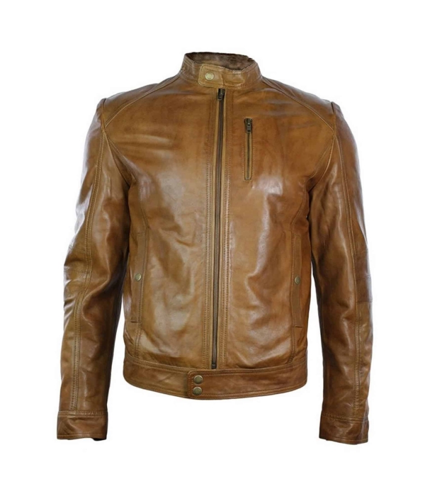 Real Leather Black Zipped Slim Fit Mens Biker Jacket Retro Vintage Smart Casual-Brown