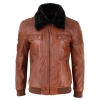 Mens Washed Rust Tan Brown Removable Fur Collar Pilot Leather Jacket Slim Fit
