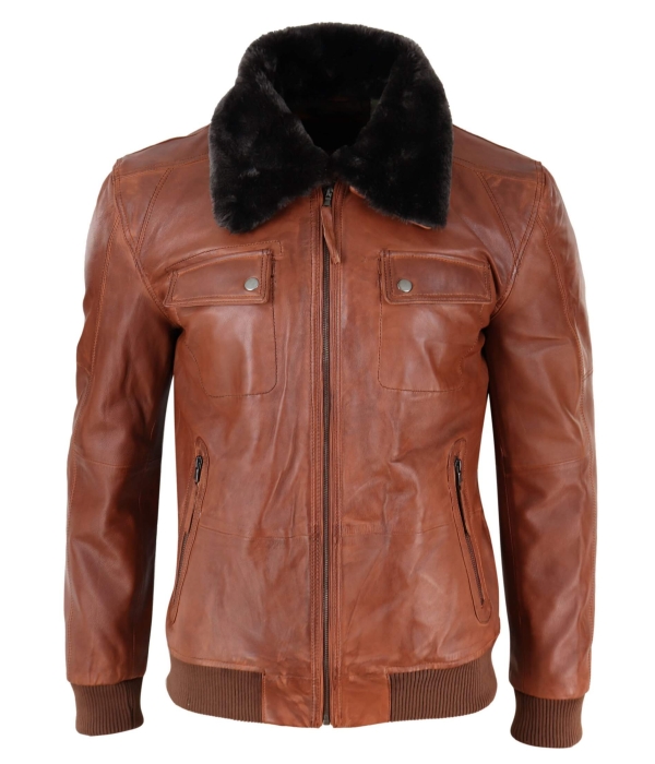 Mens Washed Rust Tan Brown Removable Fur Collar Pilot Leather Jacket Slim Fit