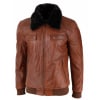 Mens Washed Rust Tan Brown Removable Fur Collar Pilot Leather Jacket Slim Fit
