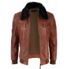 Mens Washed Rust Tan Brown Removable Fur Collar Pilot Leather Jacket Slim Fit