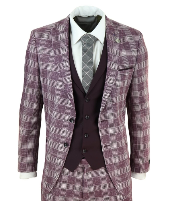 Mens 3 Piece Plum/Purple Check 3 Piece Suit