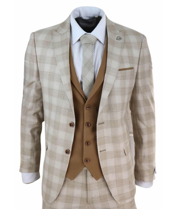 Mens Cream-Tan Check 3 Piece Suit