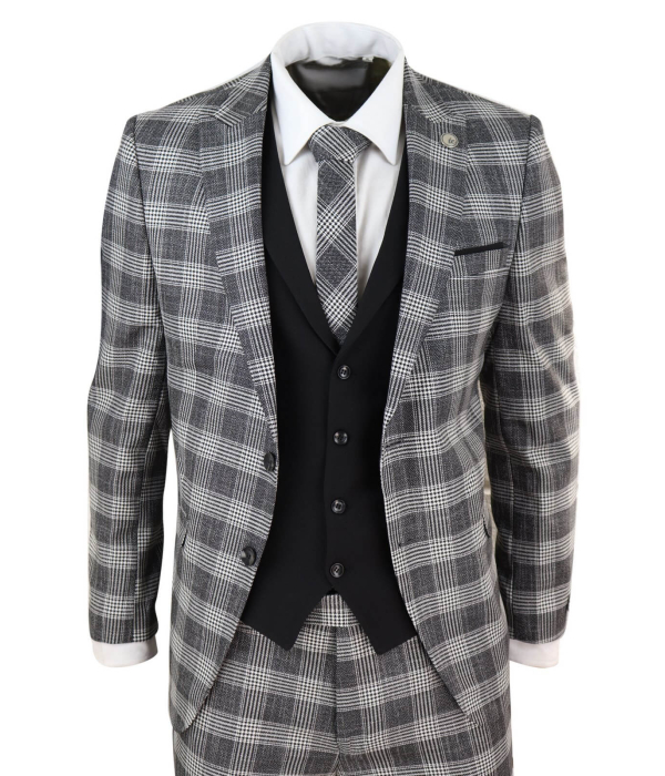 Mens Grey - Black Check 3 Piece Suit
