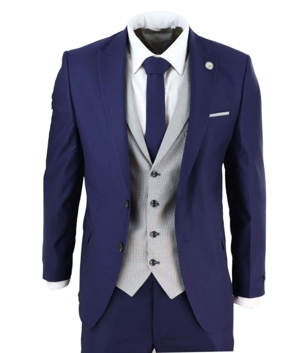 Mens Blue 3 Piece Suit with Contrasting Grey Waistcoat