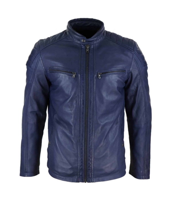 Real Leather Tailored Fit Mens Biker Jacket - Navy Blue