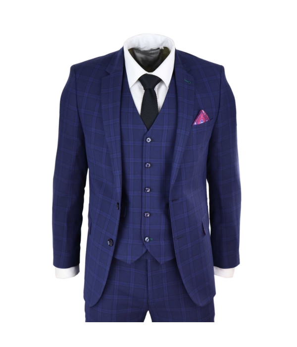 Mens Navy Check 3 Piece Wedding Suit