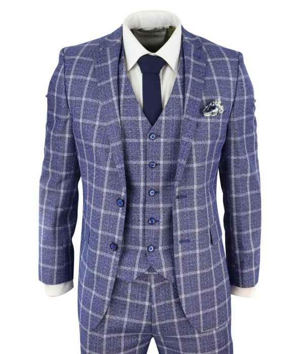 Mens 3 Piece Slim Fit Suit Herringbone Tweed Check Vintage Classic 1920s Blue