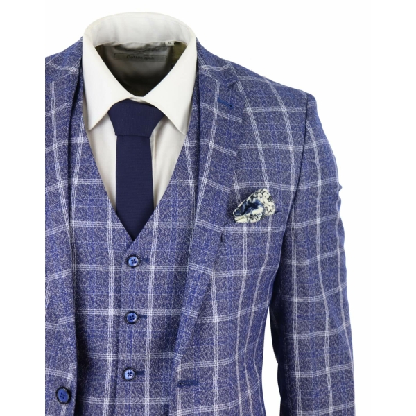 Mens 3 Piece Slim Fit Suit Herringbone Tweed Check Vintage Classic 1920s Blue