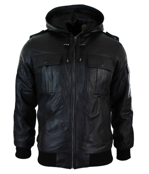 Infinity 661 Mens Real Napa LeatherJacket Hooded Black Slim Fit Bomber