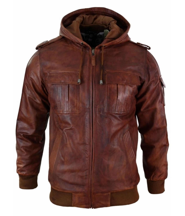 Mens Real Leather Hood Bomber Jacket Tan Timber Brown Washed Vintage Quilted