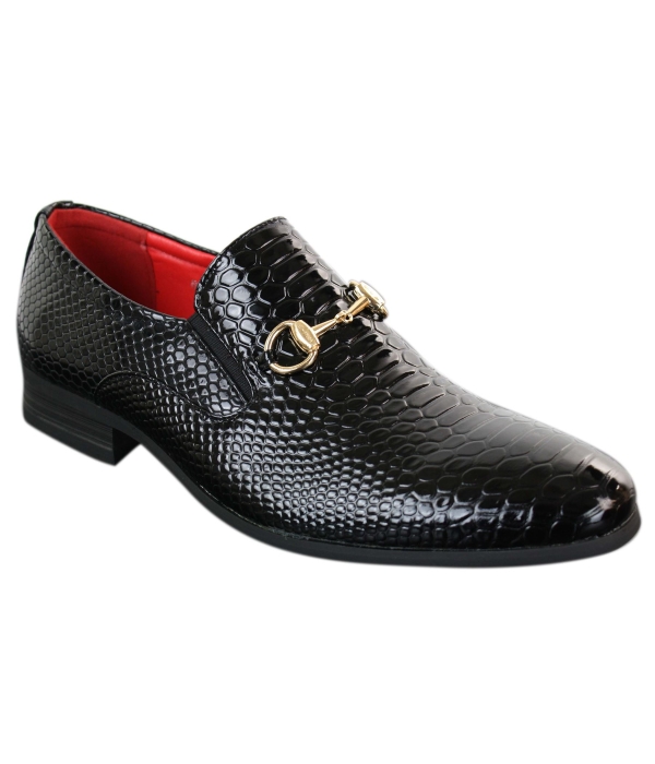 Patron 80058 Mens Black Patent Shiny Slip On PU Snake Crocodile Leather Shoes Gold Buckle