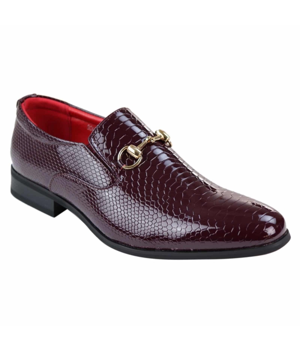 Mens PU Leather Snakeskin Patent Shoes - Wine