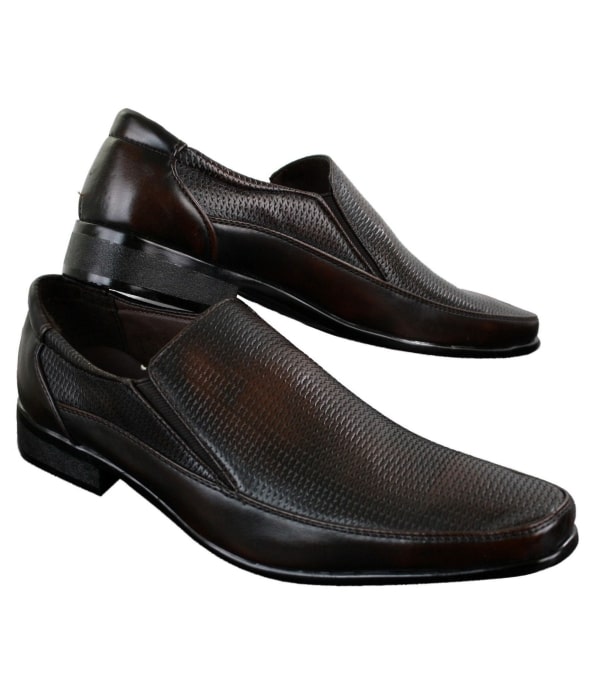 Mens Brown Black Formal Smart Slip On Shoes Textured PU Leather Italian Design