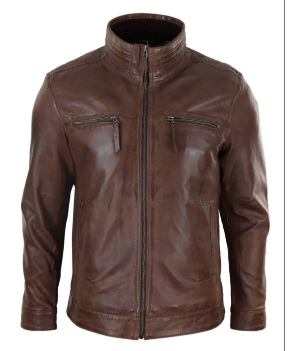 Real Leather Mens High Collar Jacket - Brown