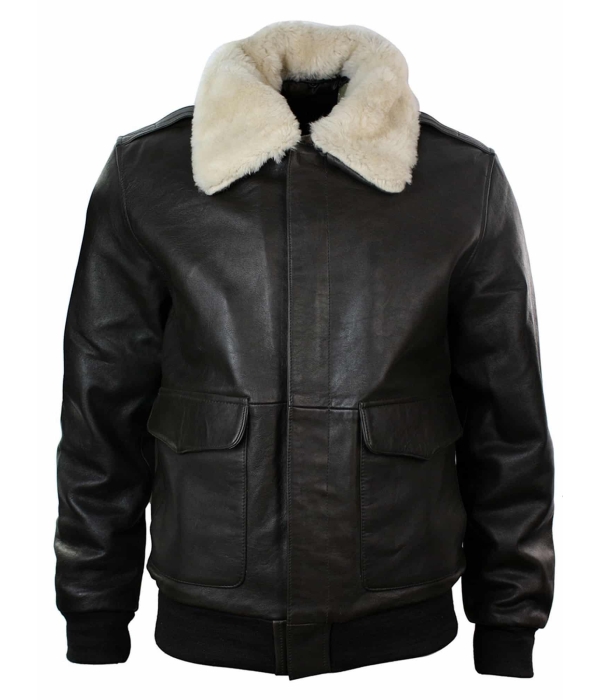 Mens Real Fur Collar Leather Bomber Pilot Flying Jacket Black Brown-Brown
