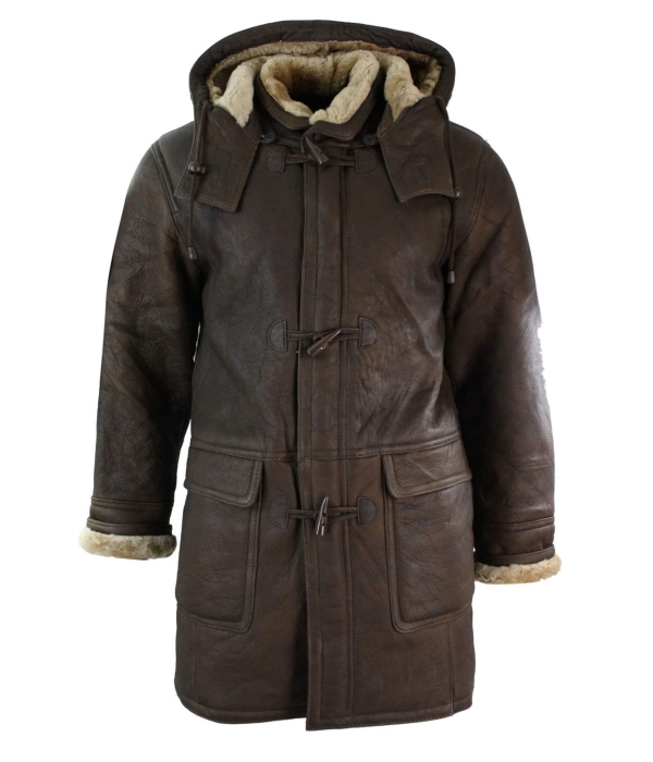 Mens Winter Real Sheepskin Leather Duffle Safari Jacket Brown & Cream Hood Vintage-B3 Brown Ginger