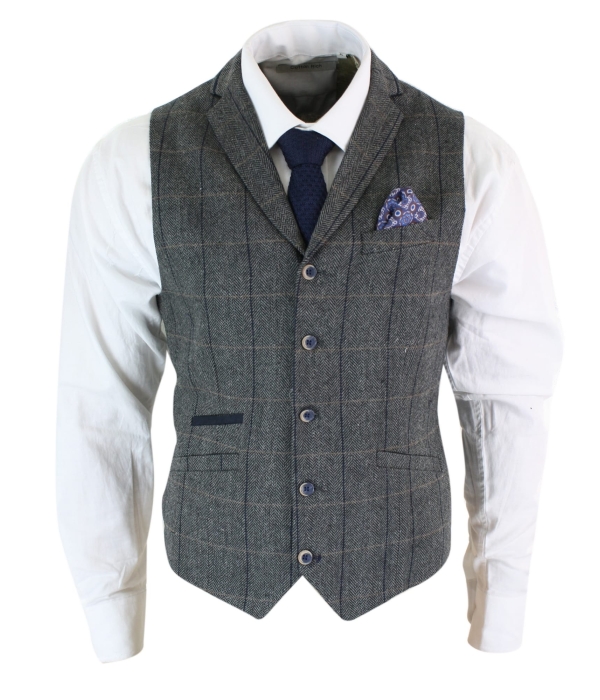 Cavani Albert - Mens Classic Tweed Herringbone Check Brown Grey Slim Fit Vintage Waistcoat Gilet-Charcoal