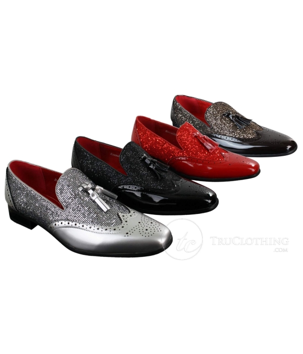 Mens Smart Party Shiny Tassle Shoes Red Silver Black Slip On Patent Leather
