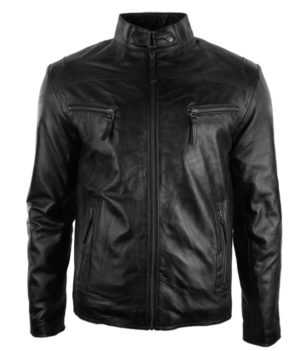 Mens Real Leather Jacket Biker Style Vintage Black Zipped Pockets Casual Fitted-Black