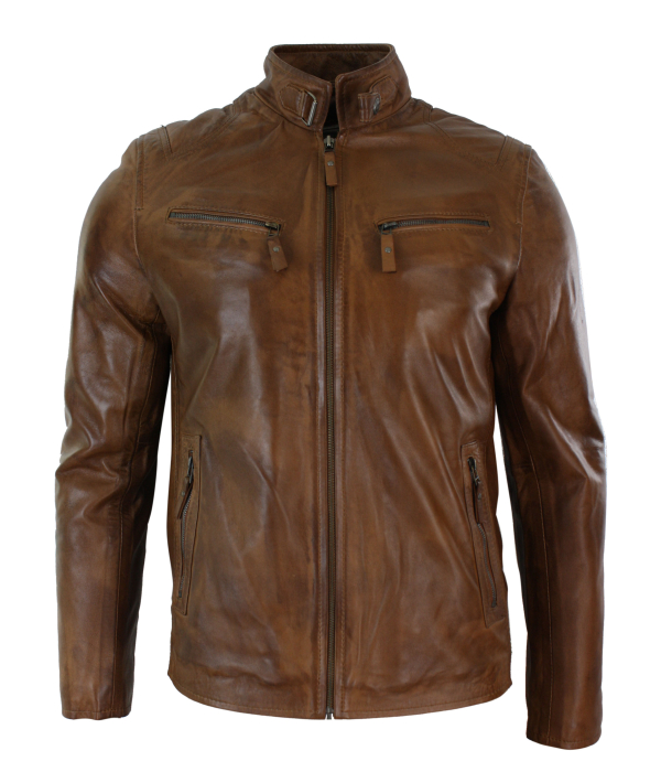 Real Leather Jacket Biker Style Vintage Black Zipped Pockets Casual Fitted for Men - Brown