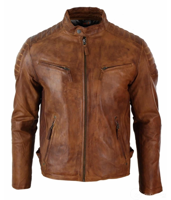 Real Washed Leather Slim Fit Retro Style Zipped Mens Biker Jacket Tan Brown Blue Urban-Nevada Timber