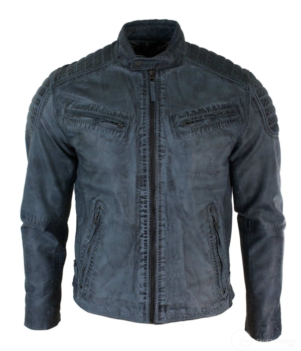 Real Washed Leather Slim Fit Retro Style Zipped Mens Biker Jacket Tan Brown Blue Urban-Zulu Blue
