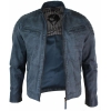 Real Washed Leather Slim Fit Retro Style Zipped Mens Biker Jacket Tan Brown Blue Urban-Zulu Blue