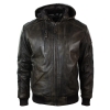 Mens Brown Washed Distressed Removable Hood Bomber Leather Jacket Quilted