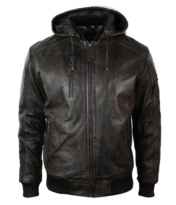 Mens Brown Washed Distressed Removable Hood Bomber Leather Jacket Quilted