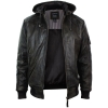 Mens Brown Washed Distressed Removable Hood Bomber Leather Jacket Quilted
