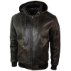 Mens Brown Washed Distressed Removable Hood Bomber Leather Jacket Quilted