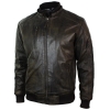 Mens Brown Washed Distressed Removable Hood Bomber Leather Jacket Quilted