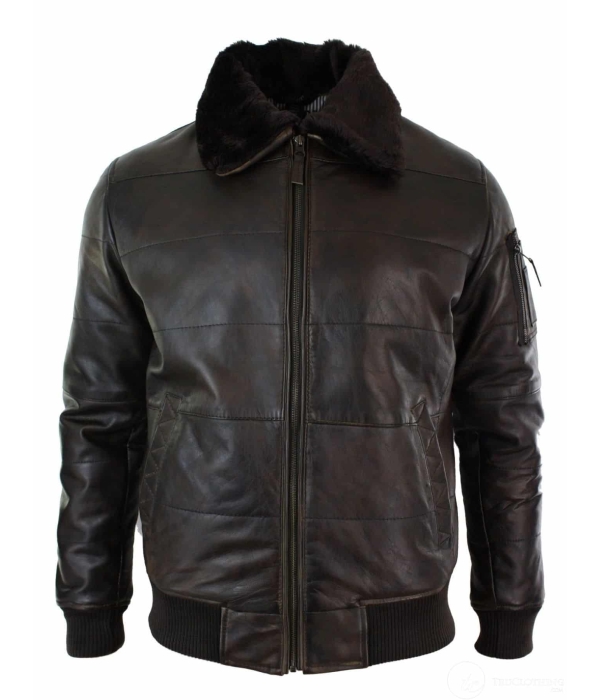 Mens Puffer Quilted Real Leather Pilot Fur Collar Bomber Jacket Black Vintage Brown-Brown
