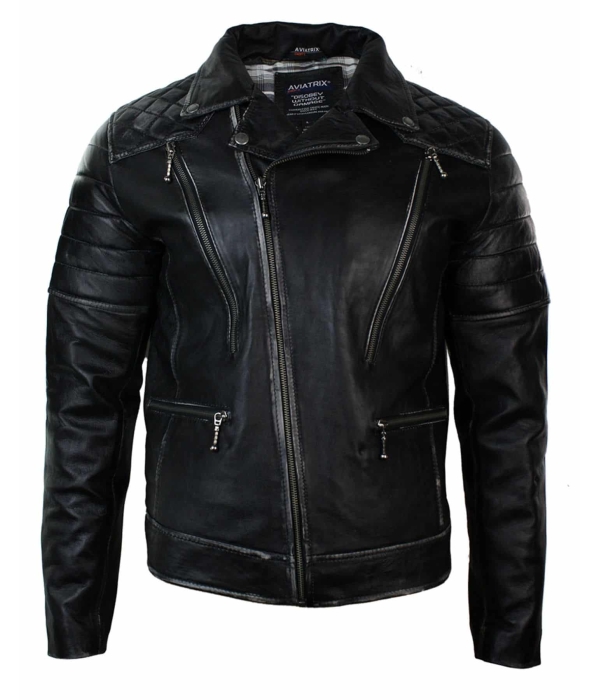 Real Leather Punk Rock Cross Zip Mens Biker Jacket Vintage Retro Effect