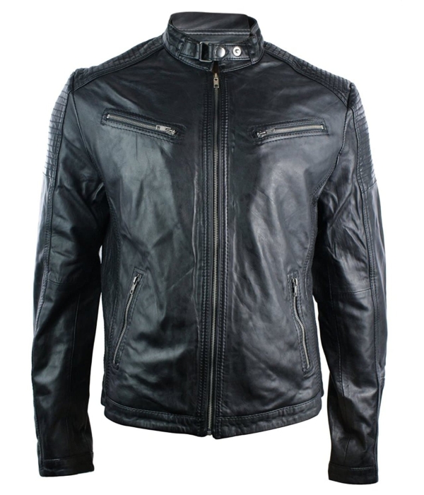 Real Leather Fitted Retro Style Zipped Mens Biker Jacket Tan Brown Nevada Timber Black Urban-Black