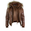Mens Real Fur Hood Bomber Leather Jacket Black Puffer Padded-Tan