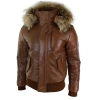 Mens Real Fur Hood Bomber Leather Jacket Black Puffer Padded-Tan