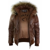 Mens Real Fur Hood Bomber Leather Jacket Black Puffer Padded-Tan