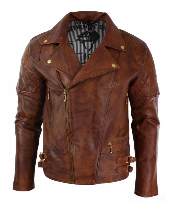 Real Leather Slim Fit Cross Zip Retro Vintage Brown Biker Punk Rock Mens Jacket-Nevada Timber