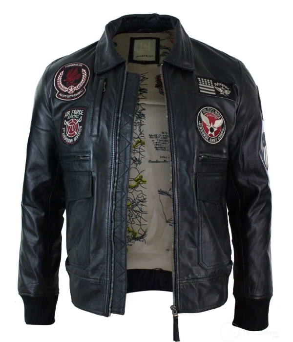 Mens Real Leather Black Bomber Badge Air Force Pilot Flying Jacket-Black