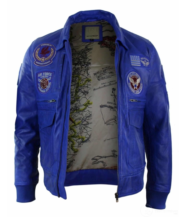 Mens Real Leather Black Bomber Badge Air Force Pilot Flying Jacket-Blue