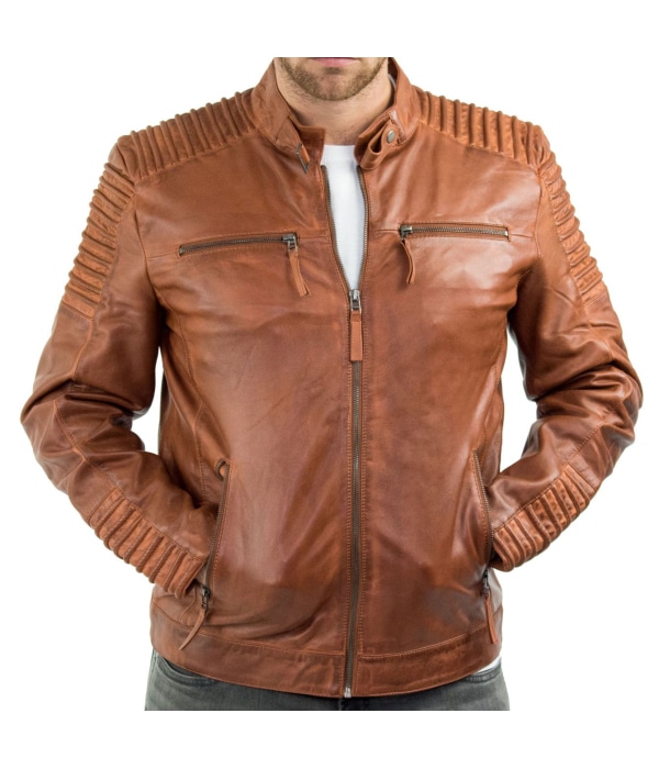 Real Leather Slim Fit Tan Brown Washed Vintage Mens Jacket Zipped Casual