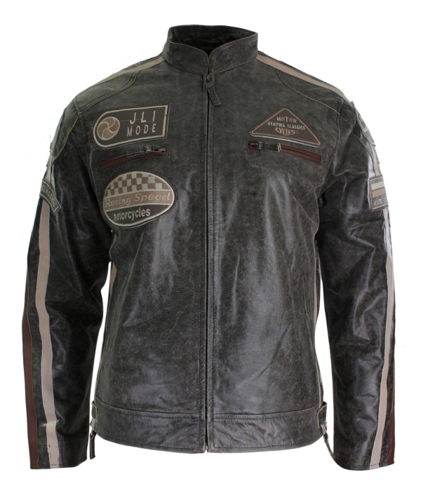 Real Leather Classic Retro Mens Biker Racer Jacket Desert Brown Grey Casual-Tan