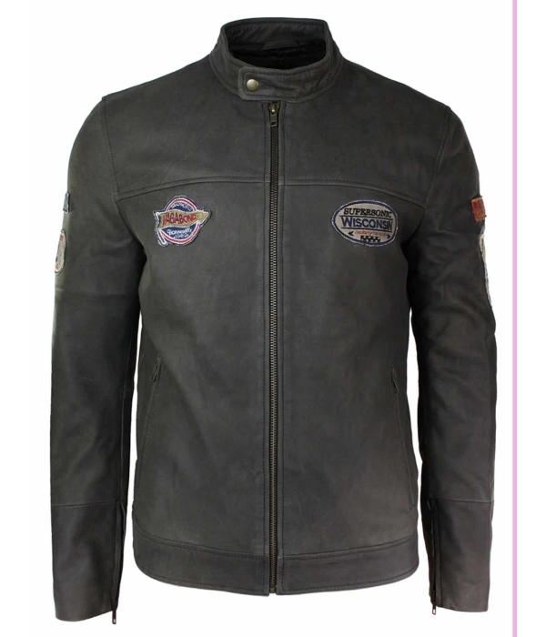 Real Leather Vintage Brown Racer Badge Mens Biker Jacket Washed Distressed Slim Fit