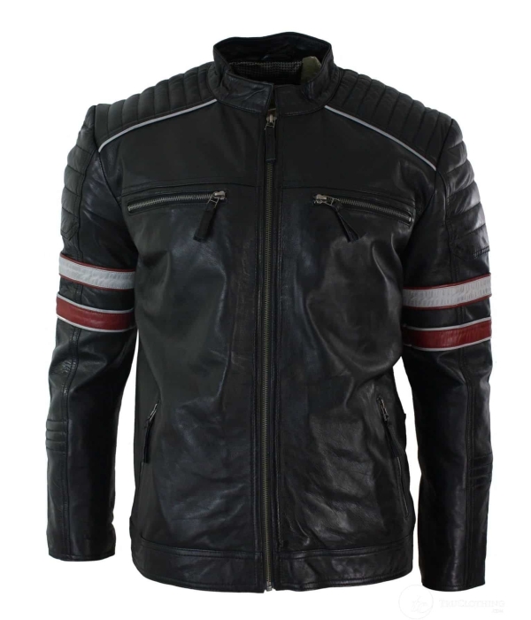 Real Leather Black Racing Mens Biker Jacket Red White Stripes Casual Fit