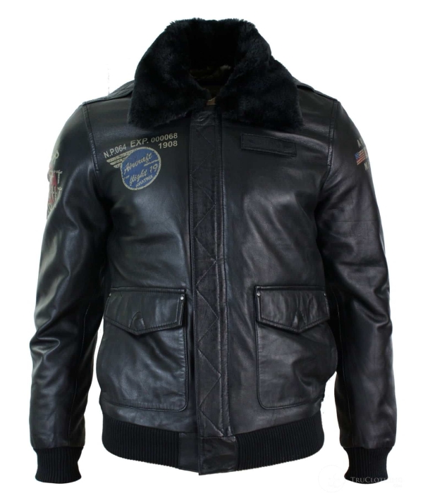 Mens Real Leather Black Aviator Fur Collar Pilot Jacket Slim Fit Bomber