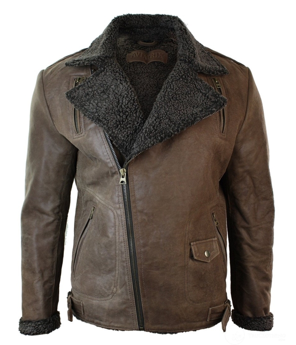Mens Black Cross Zip Real Leather Biker Jacket Fleece Lined Fitted Smart Casual-Brown